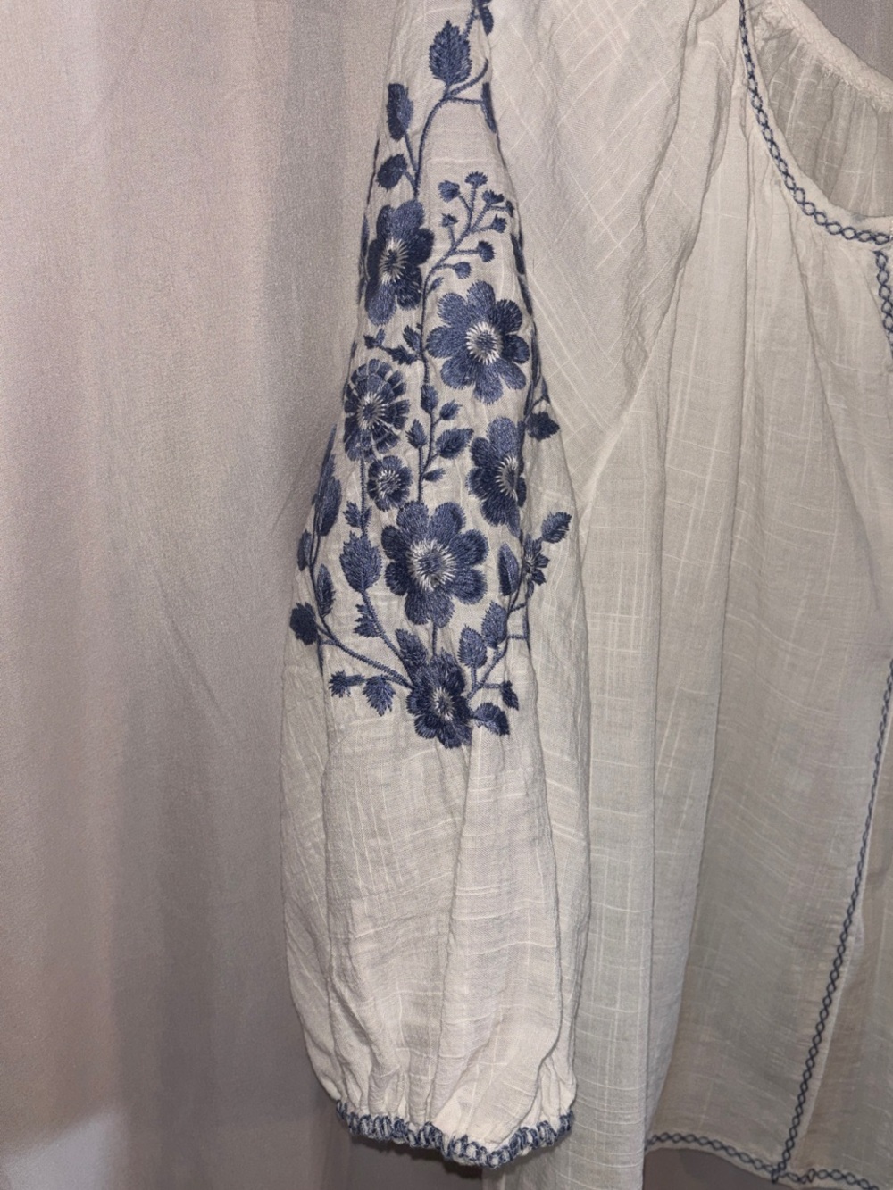 Max Studio White Peasant Blouse with Blue Floral Sleeve Embroidery - Picture 10 of 13